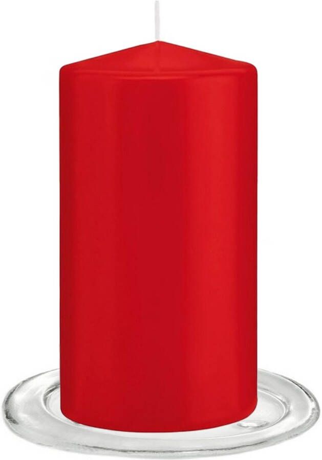 Trend Candles Stompkaarsen met glazen onderzetters set van 2x stuks helder rood 8 x 15 cm Stompkaarsen