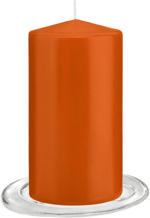 Trend Candles Stompkaarsen met glazen onderzetters set van 2x stuks oranje 8 x 15 cm Stompkaarsen