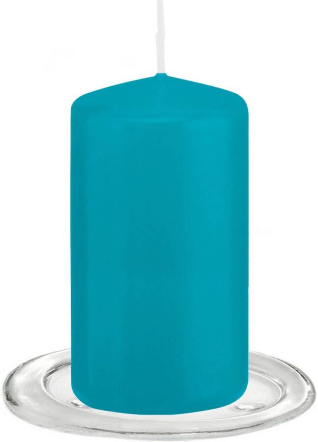 Trend Candles Stompkaarsen met glazen onderzetters set van 2x stuks Turquoise blauw 6 x 12 cm Stompkaarsen
