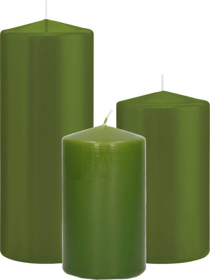 Trend Candles Stompkaarsen set van 3x stuks olijfgroen 12-15-20 cm Stompkaarsen