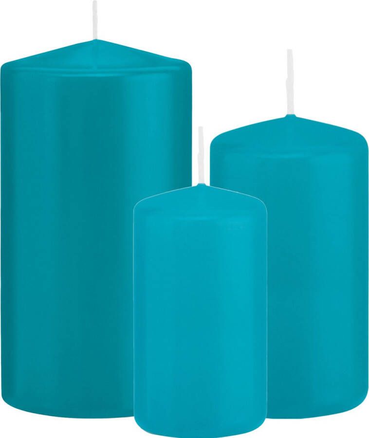 Trend Candles Stompkaarsen set van 3x stuks turquoise blauw 10-12-15 cm Stompkaarsen