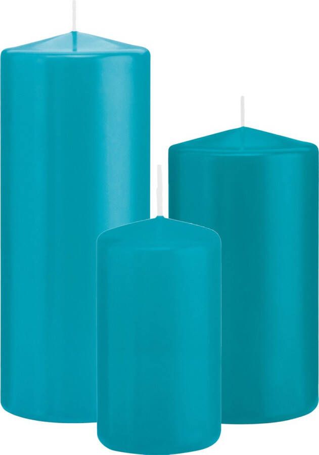 Trend Candles Stompkaarsen set van 3x stuks turquoise blauw 12-15-20 cm Stompkaarsen