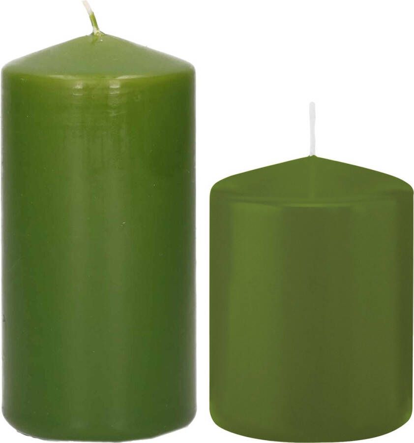 Trend Candles Stompkaarsen set van 4x stuks olijfgroen 8 en 12 cm Stompkaarsen