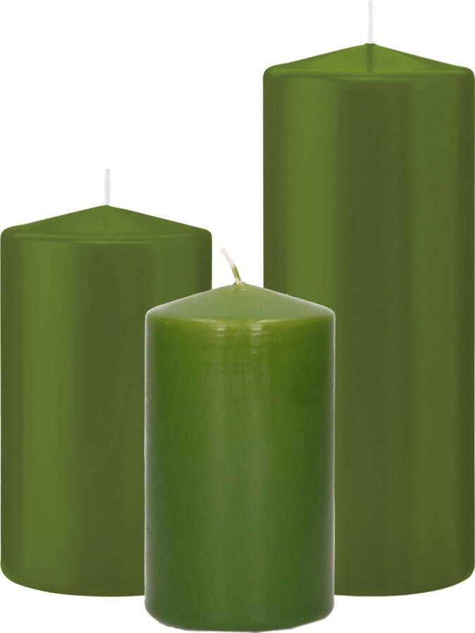 Trend Candles Stompkaarsen set van 6x stuks olijfgroen 12-15-20 cm Stompkaarsen