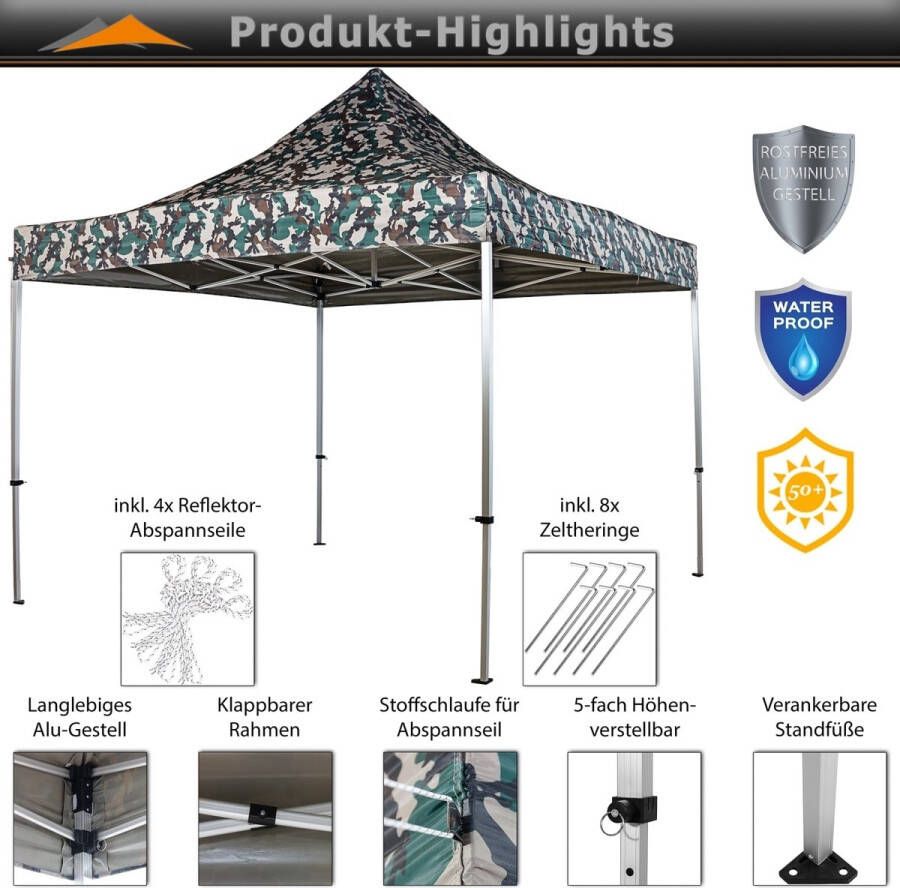 Trend24 Easy up partytent Paviljoen Partytent opvouwbaar Partytent 3x3 Inclusief trolley UV 50+ bescherming 1.26 kg Polyester Camouflage 300 x 300 cm