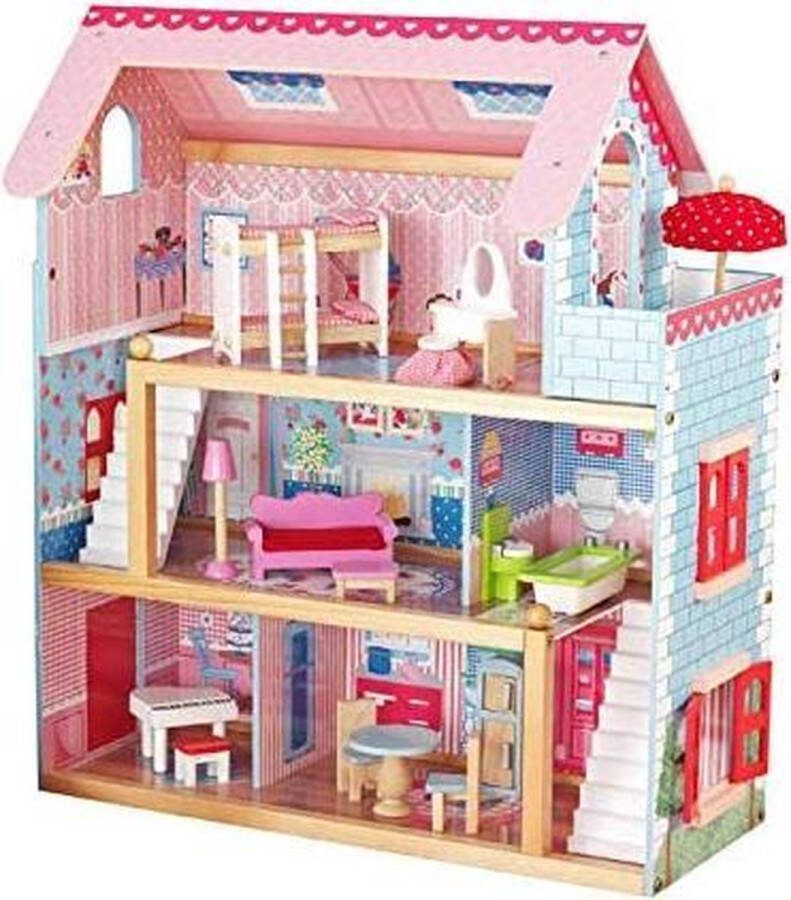 Infantastic Trend24 Houten Poppenhuis Poppenvilla 3 Verdiepingen Incl. accessoires LED-verlichting