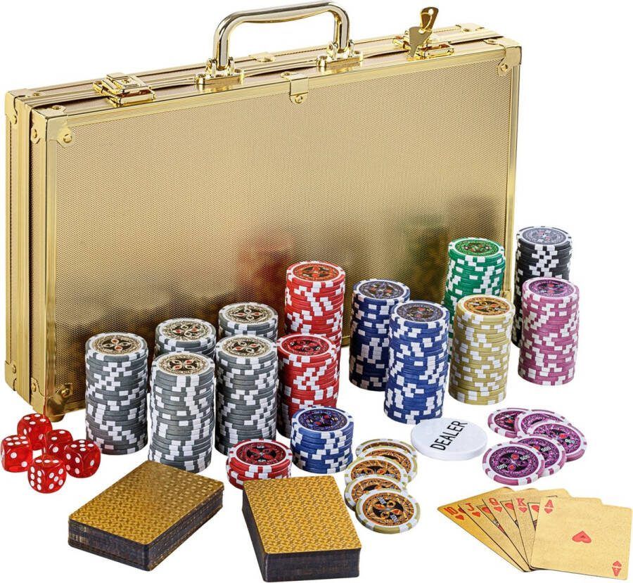 Trend24 Pokerkoffer poker kofer pokerkist poker set pokerset poker set met 300 chips 4.1 kg Aluminium Goud 39 x5 x 21 x 6.5 cm