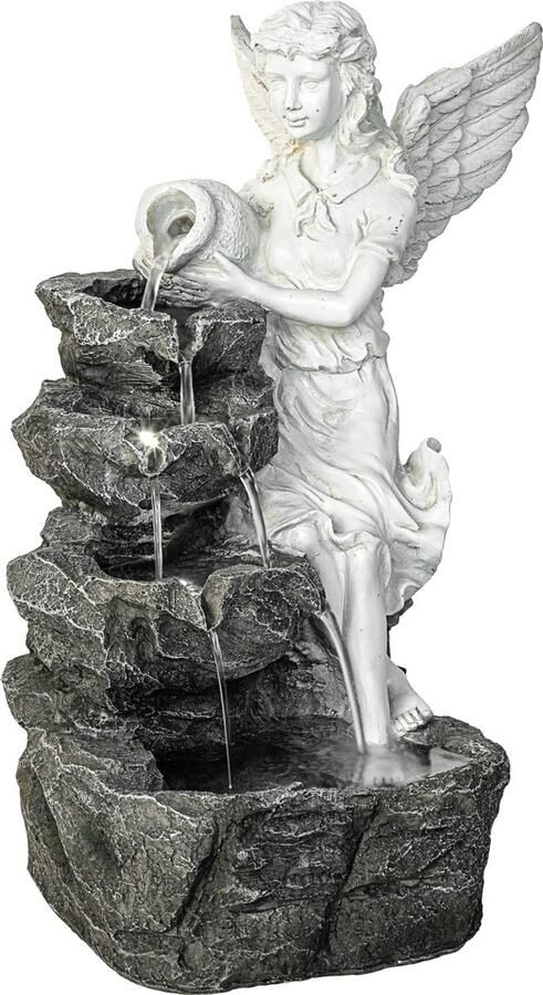 Trend24 Tuinfontein Fontein Waterfontein Waterornament Met engel Weerbestendig Geen wateraansluiting nodig Voor binnen en buitengebruik 4 2 kg Polyresin Grijs Wit 35 x 32 x 49 cm