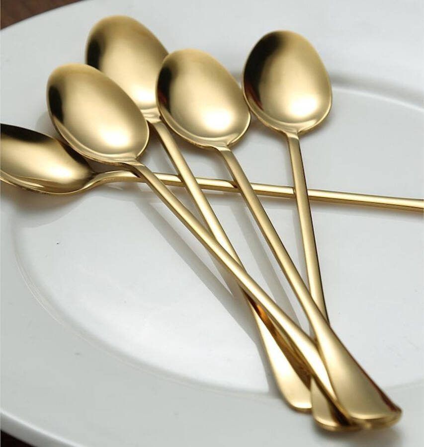 Trendfield 6 Gouden Dessertlepels RVS Lange Lepels voor Latte Macchiato Yoghurt of Cocktail Sorbetlepels Goud