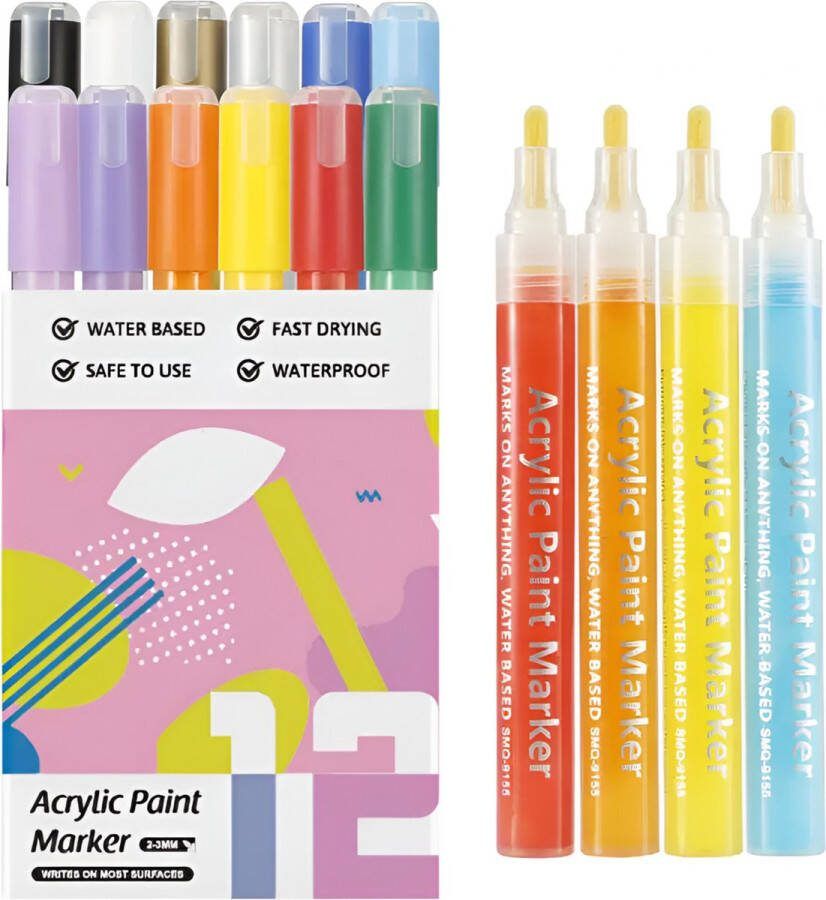 TrenDingz Acryl Marker Verf Stiften 12 Stuks Kleuren Happy Stones 3 mm tip Acrylverf Tekenset Acrylstiften Kinderen & Volwassenen