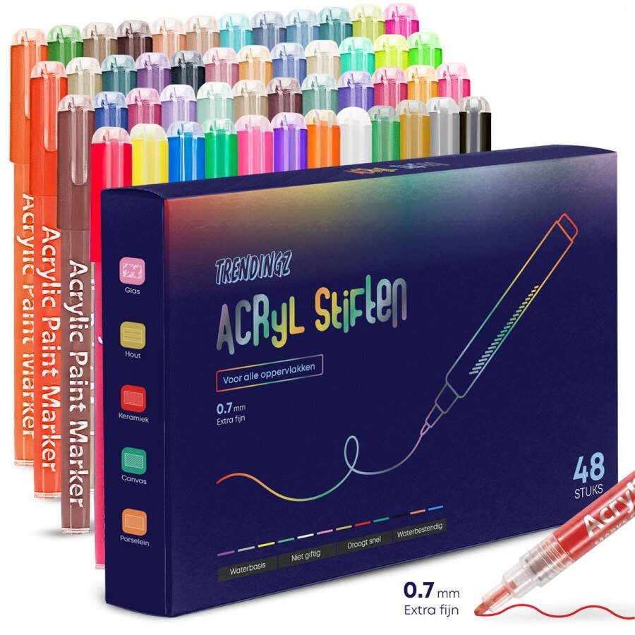 TrenDingz Acryl Verf Stiften 48 Stuks Kleuren Happy Stones Stenen Schilderen 0 7 mm tip Acrylverf Tekenset Acrylstiften Kinderen & Volwassenen