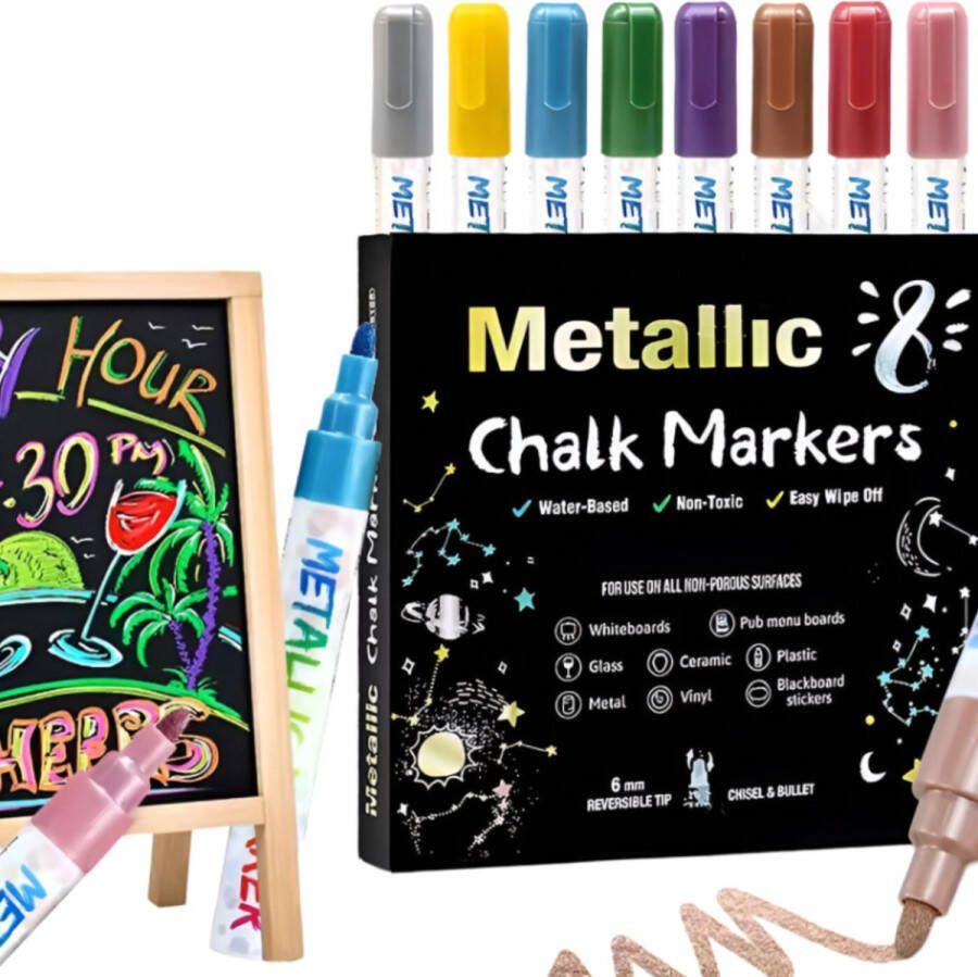 TrenDingz Krijtstiften Metallic Raam Stiften Kalk Markers Afwasbaar 8 Stuks Metallic Kleuren Voor Whiteboard Ramen & Krijtbord