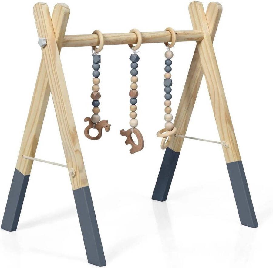Trendmix Houten Babygym met 3 hangers Babyspeeltoestel 60 x 44 x 60 cm Activiteitencentrum vanaf 3 maanden Naturel Hout Grijs