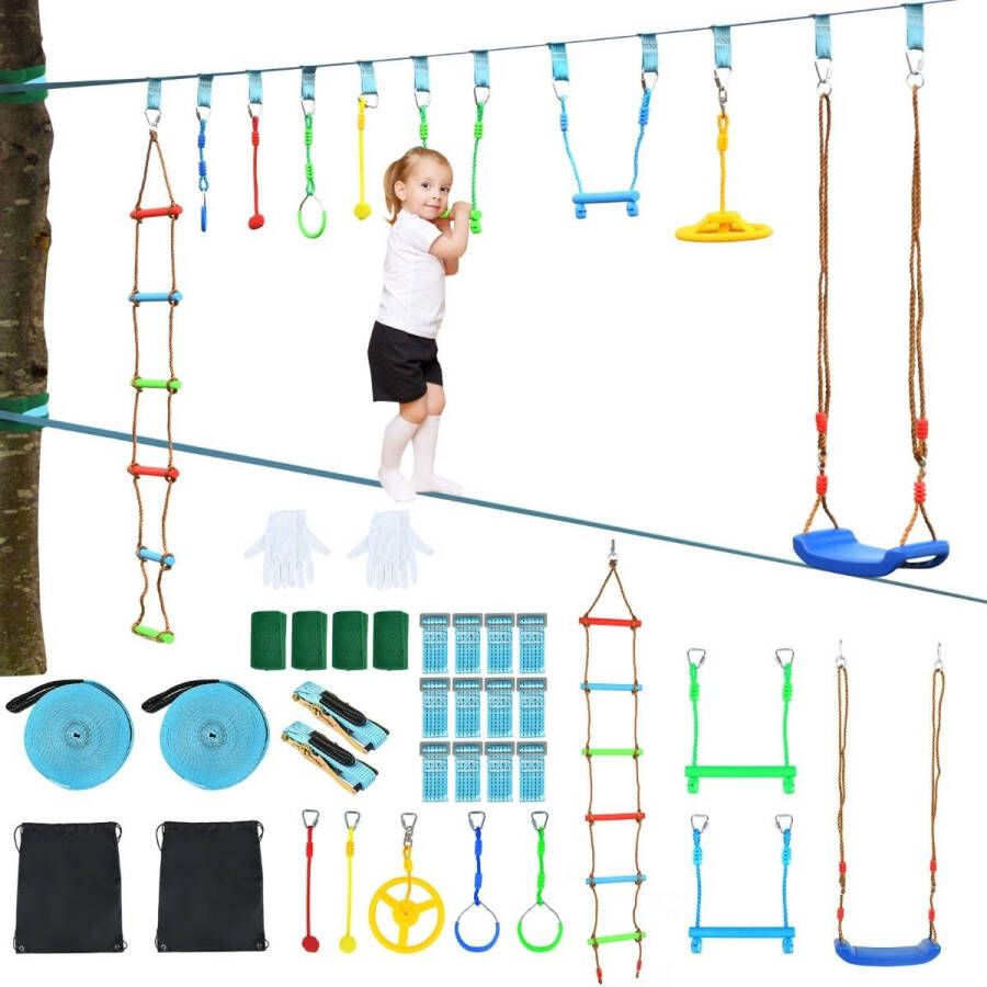 Trendmix Ninja Warrior Set 15 meter met 9 obstakels Slackline Voor Kinderen Buiten Speelset Verstelbare Obstakels Kleurrijke Speelset