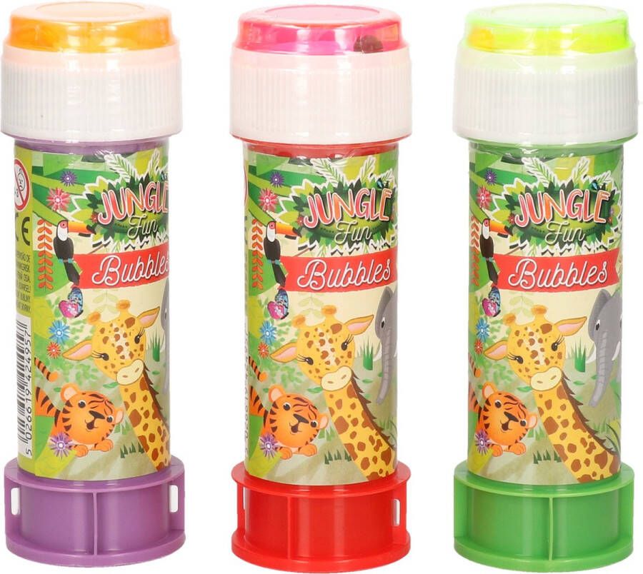 Shoppartners 3x Jungle safari dieren bellenblaas flesjes met spelletje 60 ml voor kinderen Uitdeelspeelgoed Grabbelton speelgoed