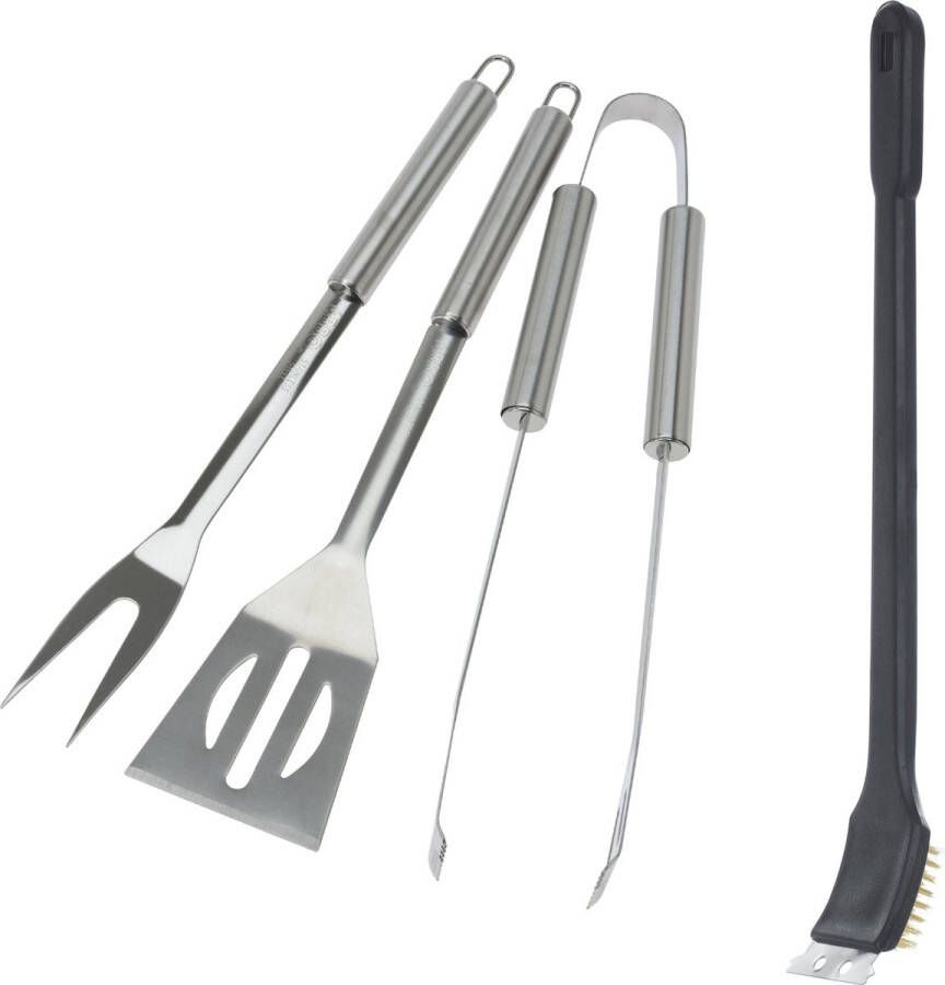 Trendo BBQ barbecue gereedschap set 4-delig RVS Tang Vork Spatel Schoonmaakborstel