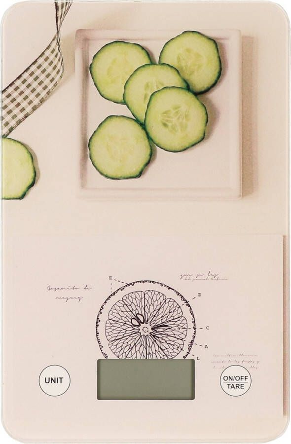 Merkloos Digitale keukenweegschaal met komkommer druk RVS 23 x 15 cm Keukenweegschaal