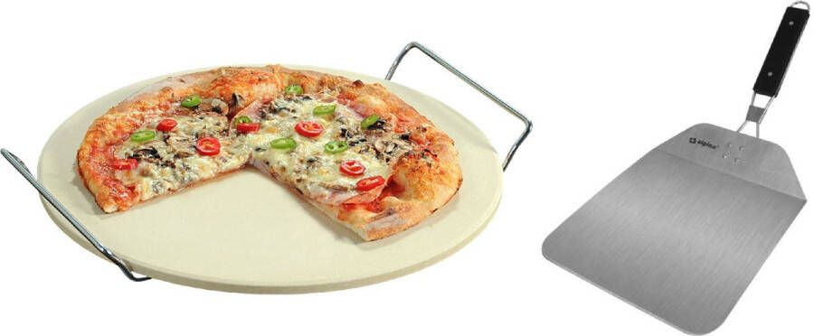 Trendo Keramieken pizzasteen rond 33 cm met handvaten Met inklapbare RVS pizzaschep 25 cm BBQ oven pizza stone