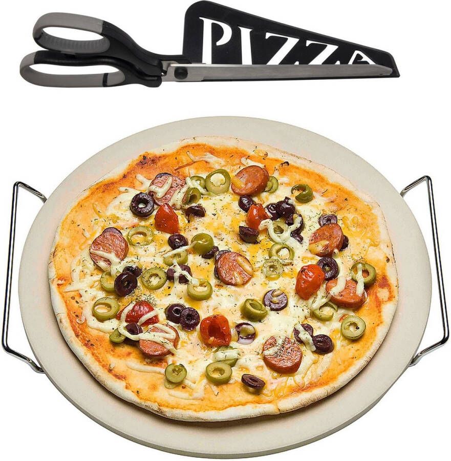 Trendo Keramische pizzasteen rond 33 cm met handvaten Met zwarte pizzaschaar 30cm BBQ oven Pizzaplaat pizzaplaten