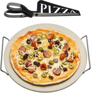 Trendo Keramische pizzasteen rond 33 cm met handvaten Met zwarte pizzaschaar 30cm BBQ oven Pizzaplaat pizzaplaten