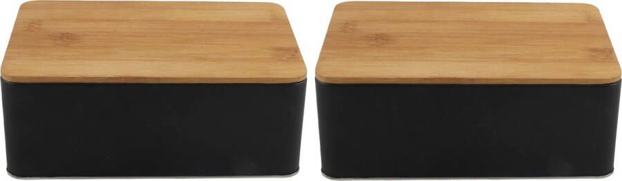 Trendo Set van 2x stuks opbergblikken bewaarblikken zwart met bamboe deksel 1 7L 19 x 13 x 7 cm Voorraadblikken koekblikken