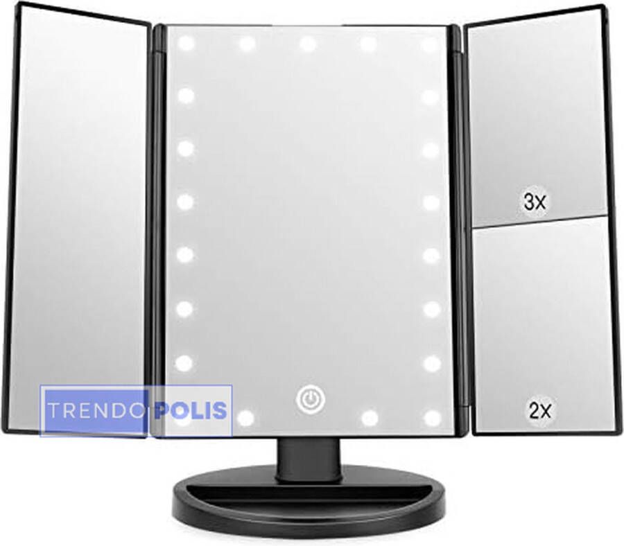 Trendopolis Verlichte Make-Upspiegel 1x 2x 3x Vergroting Drieluikspiegel Met 21 LED-lampen Touchscreen Schakelaar Tafelspiegel Met Batterij en USB Beschikbaar (Zwart)