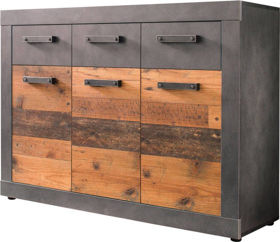 Trendmeubel Indy kommode 3 deuren 3 laden grijs eiken decor oud houten decor