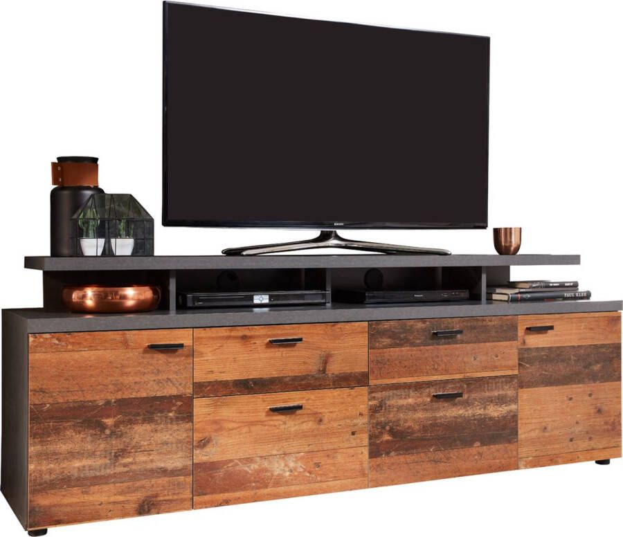 Trendteam Mood TV meubel 2 deuren 2 laden 4 open vakken 2 kleppen eiken decor oud houten decor.