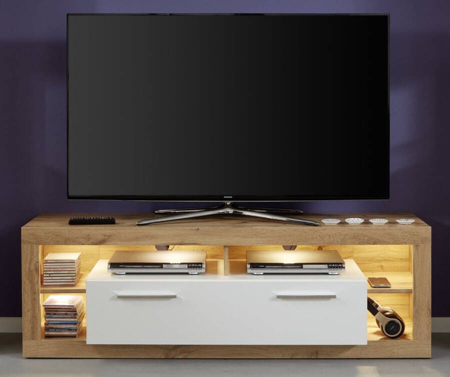 Trendteam Rock TV-meubel 150 cm 1 deur 4 open vakken Wotan Eiken decor wit hoogglans.