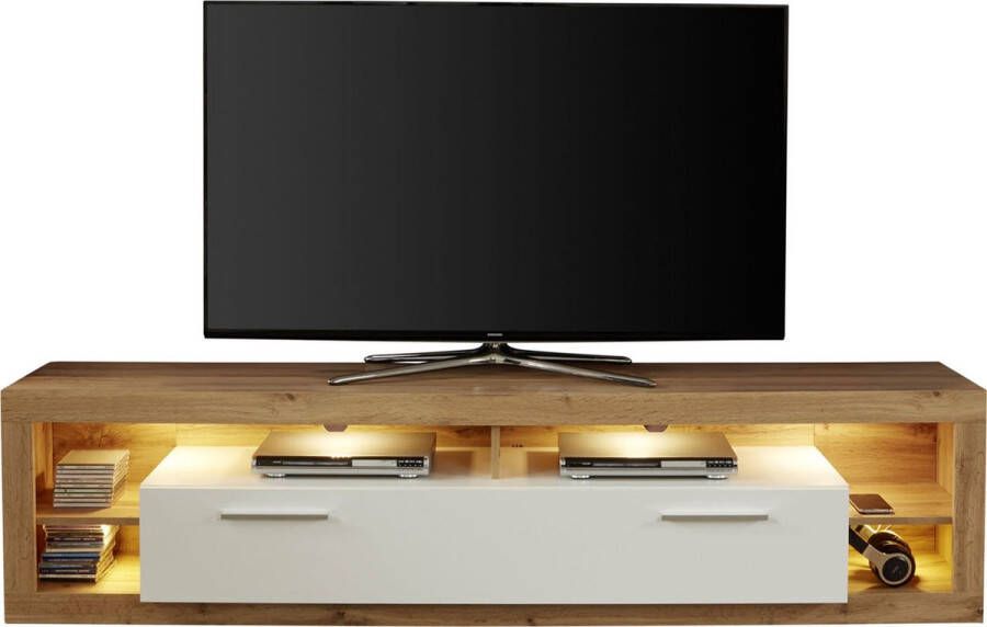 Trendteam Rock TV-meubel 200 cm 1 vouwbaar 4 open vakken Wotan eiken decor wit hoogglans.