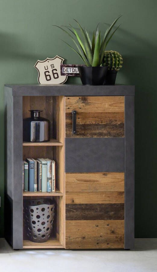 Trendteam smart living woonkamer dressoir ladekast Indy 87 x 118 x 34 cm in grafietgrijze romp voorkant Old Wood NB met veel opbergruimte en open vak