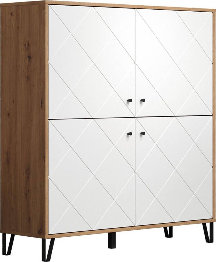 Trendteam smart living woonkamer highboard kast Touch 123 x 136 x 40 cm romp ambachtelijk eiken voorzijde mat wit met metalen poten en gestructureerde fronten