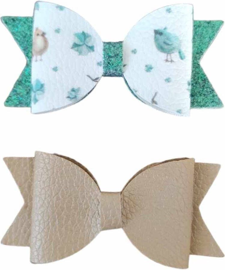 Trendy haarspeldjes Setje Haarclips Leder Meisjes Haarspelden Kinder Haaraccessoires Wit Groen Vogelprint Beige