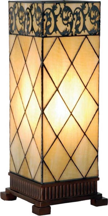 Lumilamp Tiffany Tafellamp 18*18*45 cm E27 max 1*40W Beige Bruin Glas in lood Vierkant Tiffany Bureaulamp Tiffany Lampen