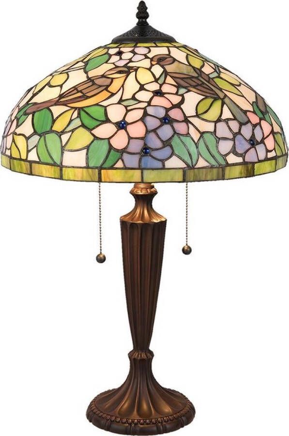 Trendybywave LumiLamp Tiffany Tafellamp Ø 41*60 cm E27 max 2*60W Geel Groen Roze Glas in lood Driehoek vogel Tiffany Bureaulamp Tiffany Lampen