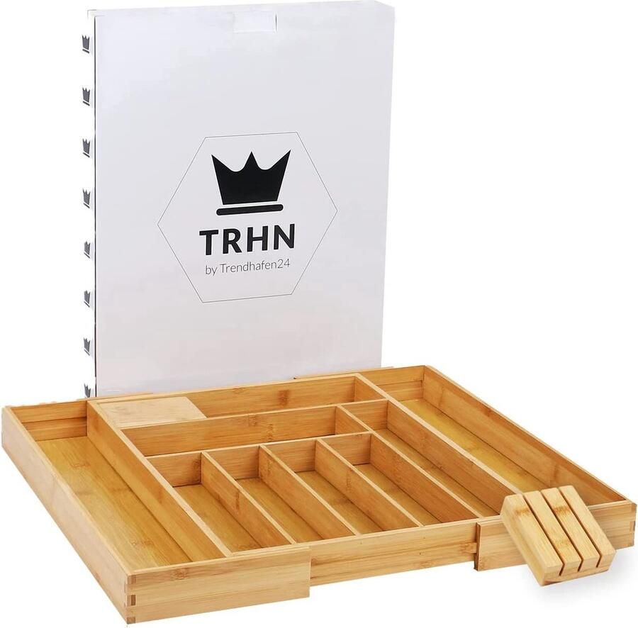 TRHN24 By Trendhafen24 TRHN Bestekbak Besteklade Bamboe bestekbak Uitschuifbaar 34 tot 50 cm inclusief messenblok