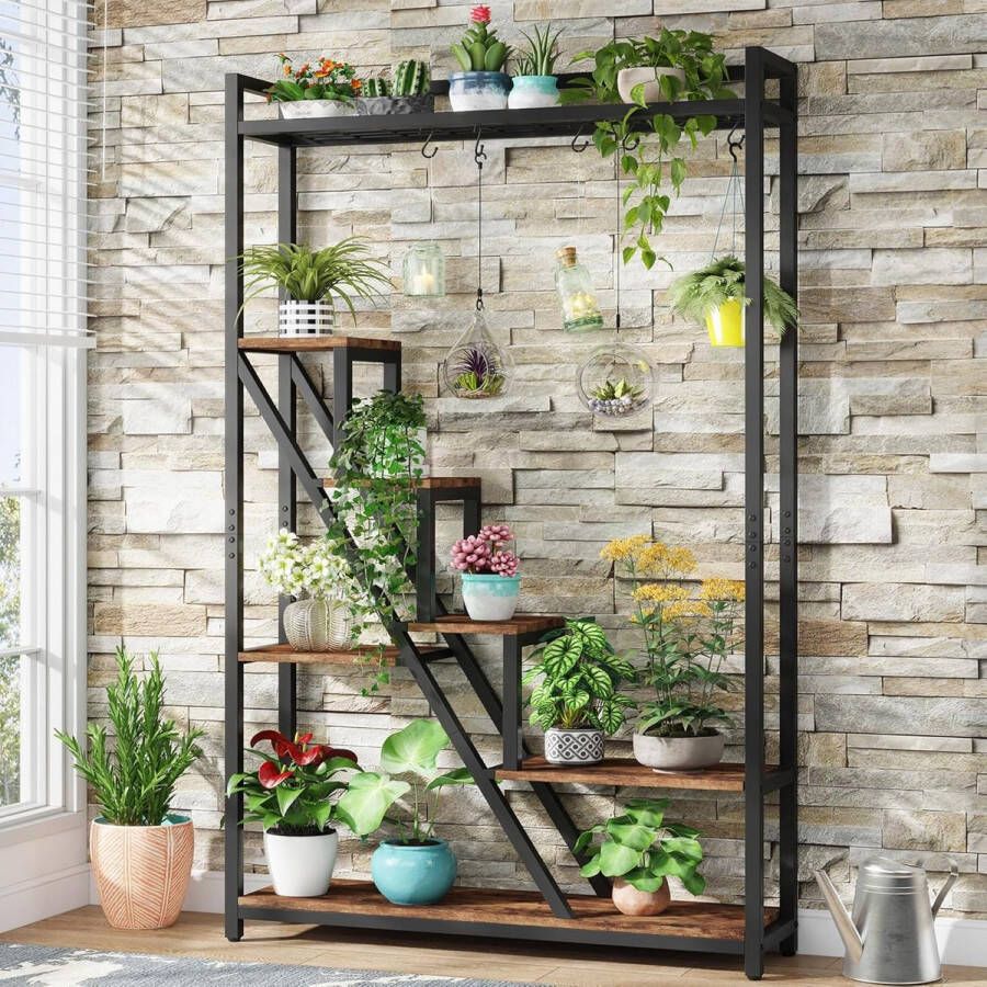 TRIBES IGNS Plantenrek Plantenstandaard Plantenrek voor binnen en buiten Plantenrek met 7 niveaus en 5 S-haken Bruin Zwart 105 x 30 x 180 cm
