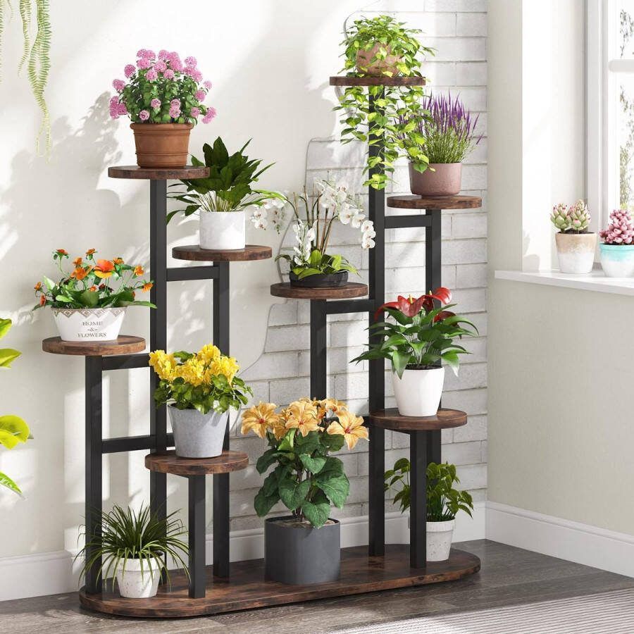 Tribesigns Plantenrek Plantenstandaard Plantentafel Plantenrekken Plantentafeltje voor binnen Planten rek Bloemenrek Met 11 lagen Metaal Rustiek bruin Zwart 100 x 44 x 111 cm