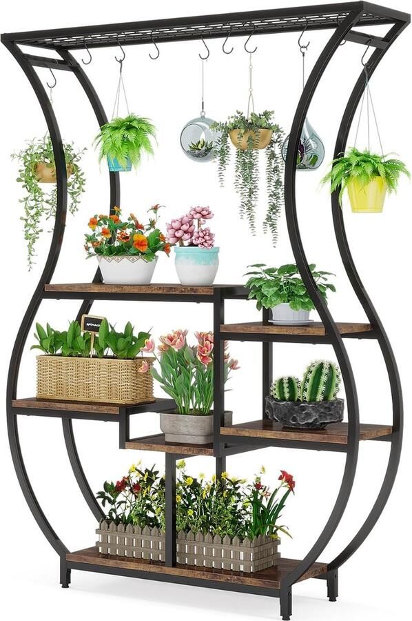 Tribesigns Plantenrek Plantenstandaard Plantenrek voor binnen en buiten Plantenrek met 6 niveaus en 10 S-haken Rustiek bruin Zwart 120 x 30 x 180 cm