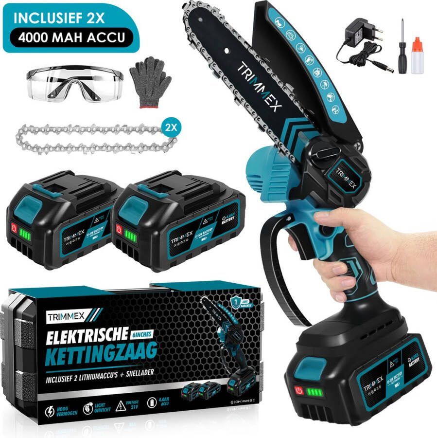 Trimmex Mini kettingzaag Inclusief 2 Led-Accu's 4000mAh Elektrisch Handkettingzaag Snoeizaag Takkenzaag Handzaag Boomzaag