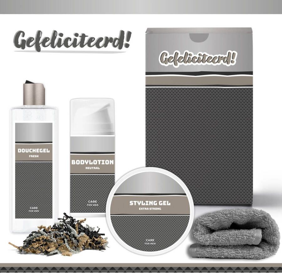 Triomf Geschenkset Gefeliciteerd! 4 en 650 Gram Giftset voor hem Luxe cadeaubox man Douchegel Bodylotion Styling Gel Verjaardag Vader Vriend Collega Wellness Pakket Cadeaudoos Geslaagd Diploma Rijbewijs Antraciet Zilver