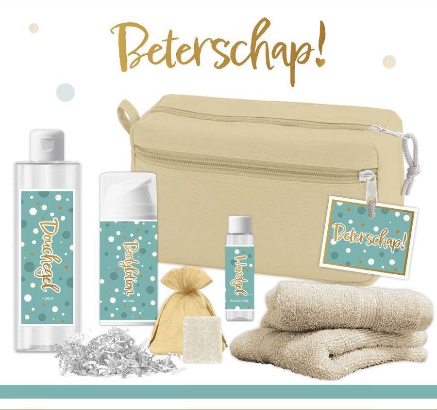 Triomf Geschenkset “Beterschap!” 7 en 600 gram Giftset voor haar Opkikkertje Beterschapswens Vrouw Meisje Vriendin Welness Cadeaupakketje Verwenpakketje na operatie Toilettas Beterschapscadeau Zorgwerk Goud Turquoise