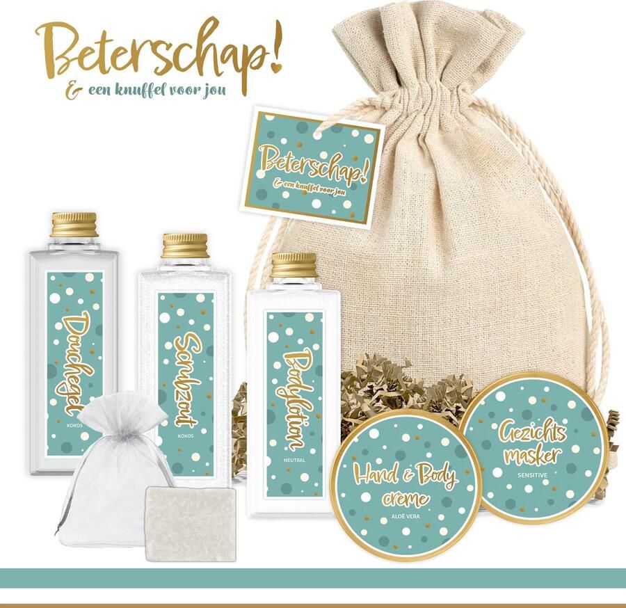 Triomf Geschenkset “Beterschap! en een knuffel voor jou” 7 en 550 gram Giftset voor haar Opkikkertje Beterschapswens Vrouw Meisje Vriendin Welness Cadeaupakketje Verwenpakketje na operatie- Beterschapscadeau Zorgwerk Goud Turquoise