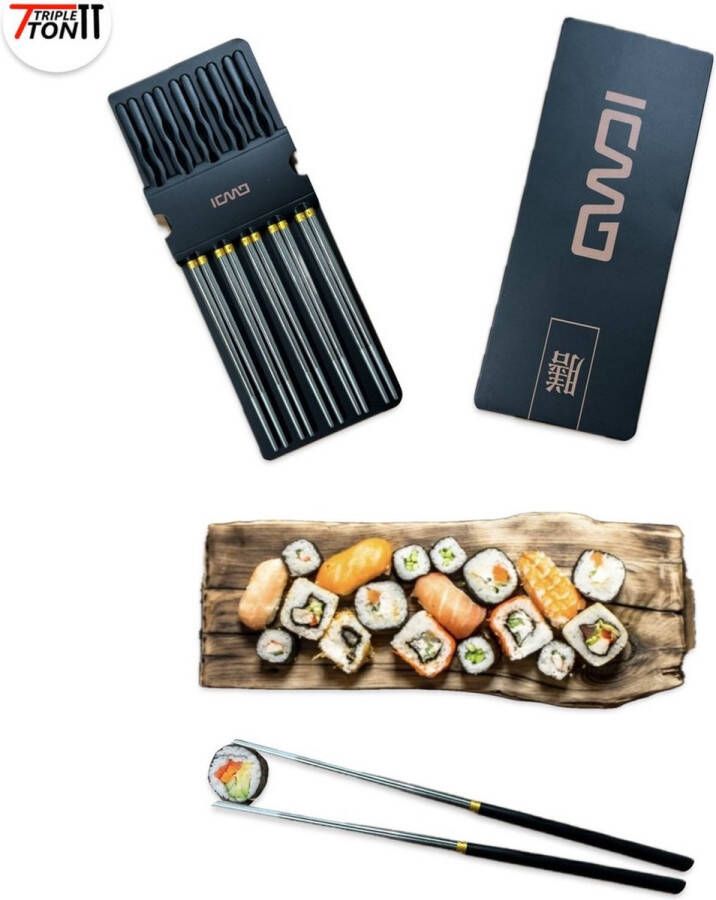Triple-Ton Eetstokjes Sushi Stokjes Chopsticks RVS 5 paar Antislip Zwart