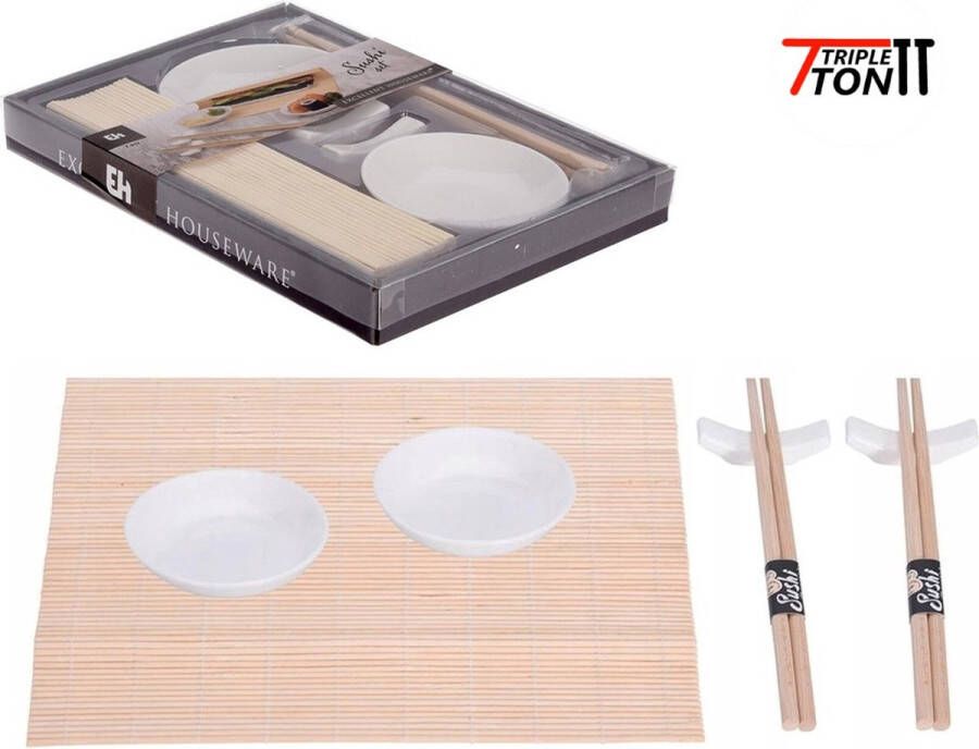 Tripleton Triple-Ton Sushiset 7 delig 2 Porseleinen Kommen 2 Sets Eetstokjes 1 Bamboe Sushimatje 2 Porseleinen Eetstokjes houders