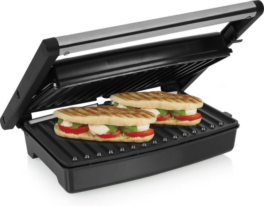 Tristar Contactgrill GR-2859 Panini Grill Tafel grill Tosti-ijzer 180⁰ uitklapbaar 1500W RVS Zwart