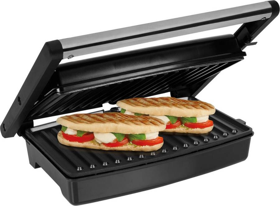 Tristar Contactgrill GR-2859 Panini Grill Tafel grill Tosti-ijzer 180⁰ uitklapbaar 1500W RVS Zwart