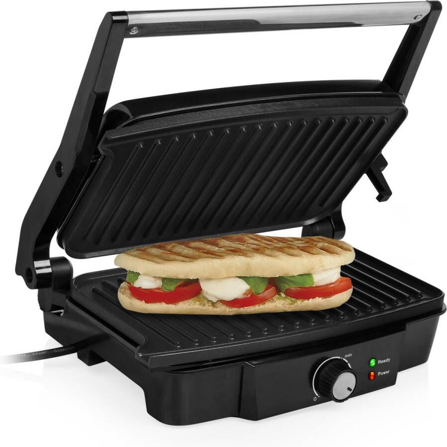 Tristar Contactgrill XL GR-2852 Panini Grill XL Tosti-ijzer 180⁰ te openen Tafel Grill Zwevend deksel Anti-aanbaklaag 1500W RVS Zwart
