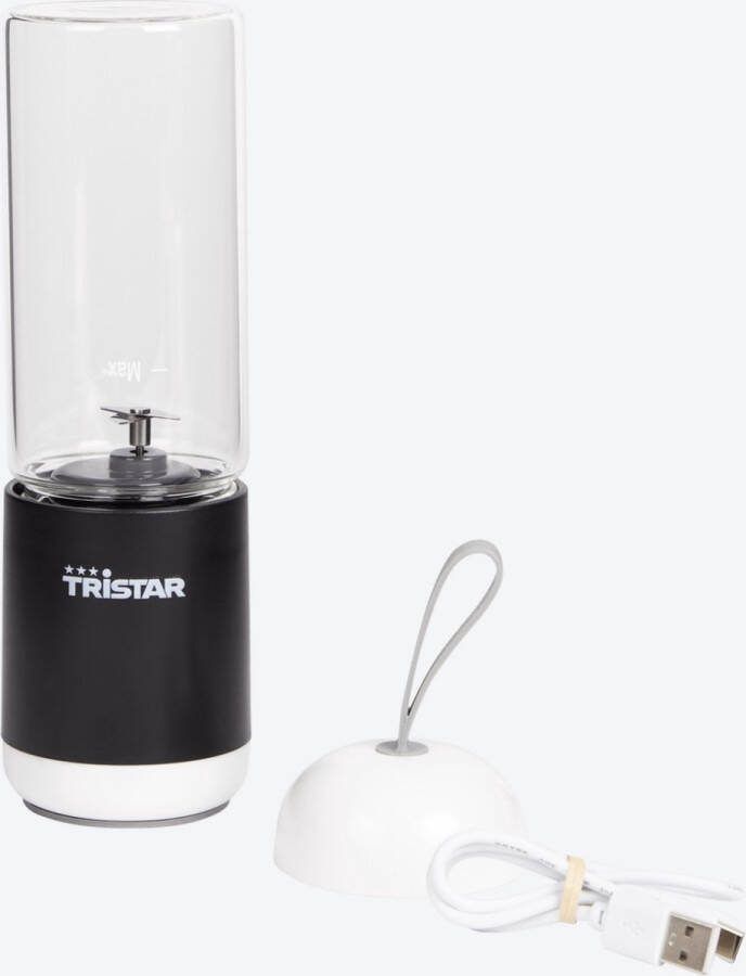 Tristar draagbare mini-blender 110 watt 380 ml Oplaadbaar met bijgeleverde USB-kabel Eenvoudig mee te nemen Met glazen beker en roestvrijstalen mes