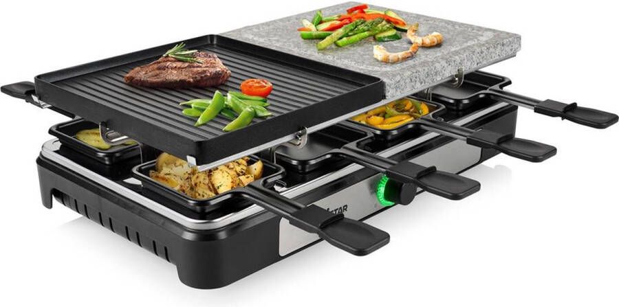 Tristar Gourmetstel en Steengrill RA-2747 5-in-1 raclette met omkeerbare grillplaat 8 personen Bakplaat Steengrill Gourmet Raclette én teppanyaki Zwart